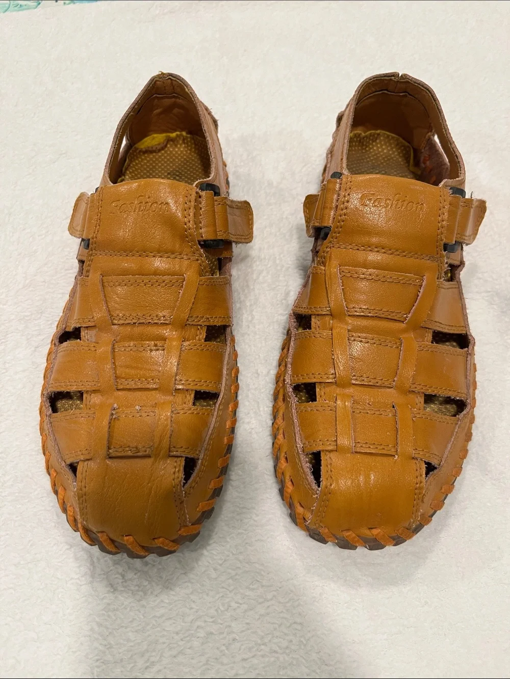Men’s Tan Faux Leather-Like Woven Fisherman Sandals with Hook-and-Loop Strap